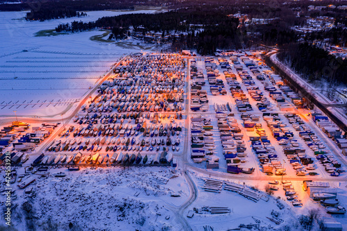 Obraz na płótnie Aerial view of winter boat storage in Suomenoja marina, Espoo, Finland. w salonie