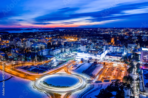 Aerial view of Tapiola neighborhood of Espoo, Finland. Modern nordic architecture. Winter cityscape.