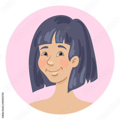 Avatar icon of a beautiful young happy Asian girl. In cartoon style. Isolated on white background. Vector flat illustration