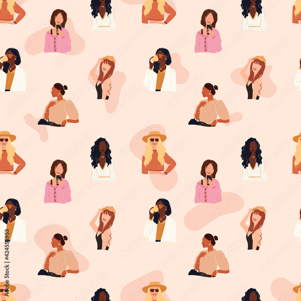 Flat vector seamless patterns of cheerful modern trendy girls. Strong beautiful independent women dressed in different styles in different poses. A set of cute portraits with different hairstyles. Flat vector seamless patterns of cheerful modern trendy girls. Strong beautiful independent women dressed in different styles in different poses. A set of cute portraits with different hairstyles.