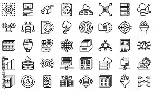 Big data icons set. Outline set of big data vector icons for web design isolated on white background