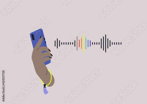 An LGBTQ podcast, a hand holding a smartphone with a rainbow sound wave