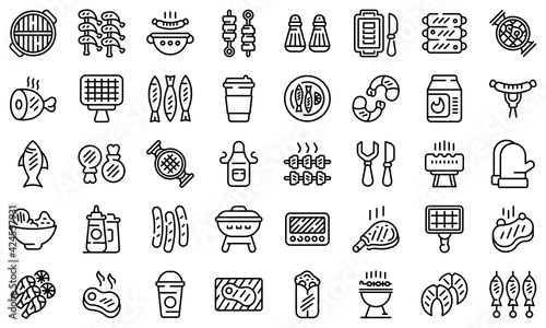 Grilled food icons set. Outline set of grilled food vector icons for web design isolated on white background