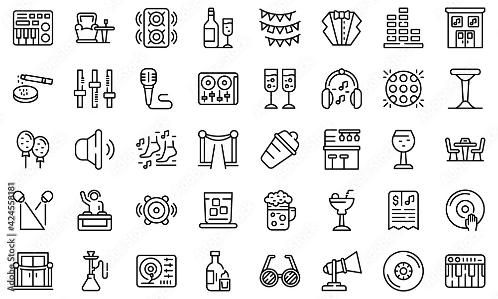 Night club icons set. Outline set of night club vector icons for web design isolated on white background