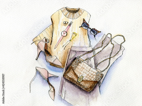 watercolor hand drawn picture of women things