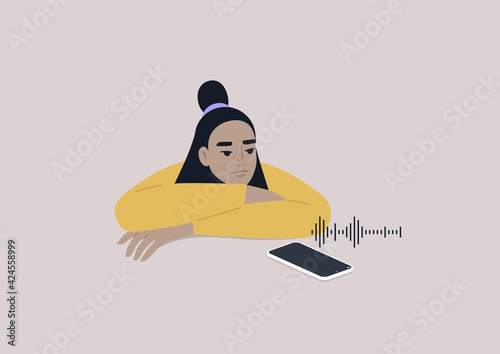 Young female Asian character listening to a voice message on their mobile phone, new ways of communication, a podcast media format