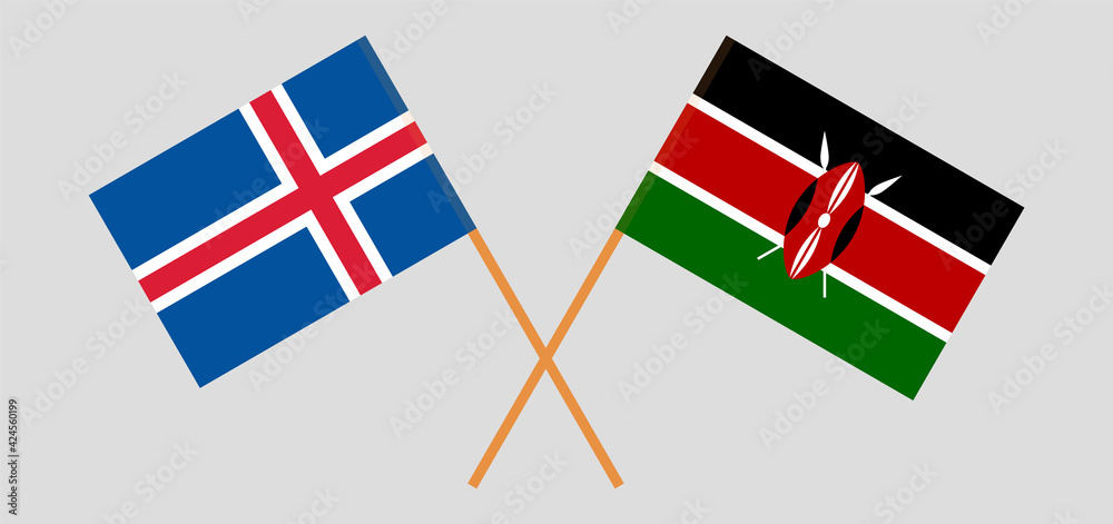 Crossed flags of Iceland and Kenya. Official colors. Correct proportion