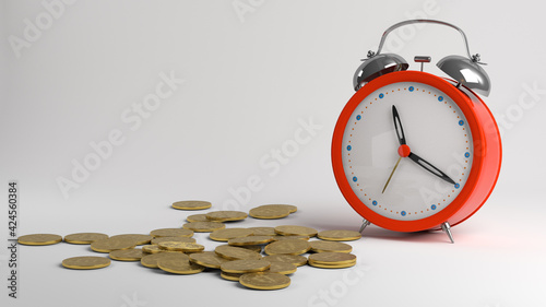 Alarm clock and coins. Gold coins lie on the surface. 3D render.