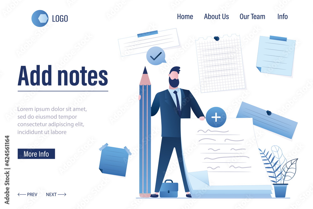 Add notes - landing page template. Successful employee holds pencil and paper stickers, empty memo. Handsome businessman adds new note.