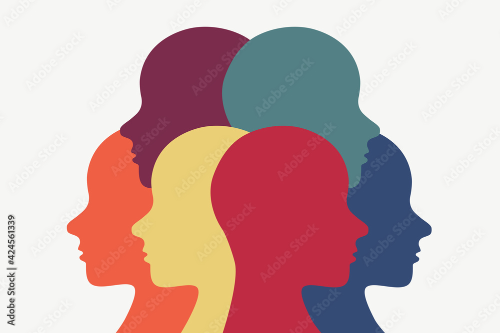 People standing in a group but looking in different directions. Religious diversity illustration. Racial diversity icon. Anti racism, anti religious persecution. 