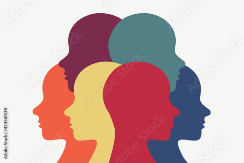 People standing in a group but looking in different directions. Religious diversity illustration. Racial diversity icon. Anti racism, anti religious persecution. 