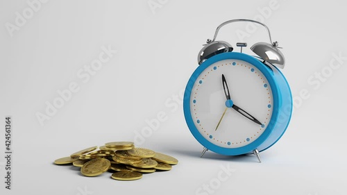 Alarm clock and coins. Gold coins fall down. 3D render.