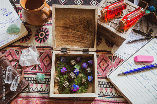 Vintage image of a wooden box with rpg dice