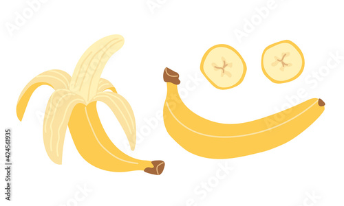Fresh banana whole, peeled, in parts. Set of vector illustrations in flat style isolated on white background.
