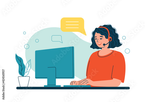 Young customer service woman with headphones and microphone in front of a computer. Concept illustration for online user support, helpdesk, assistance, call center. Isolated vector illustration