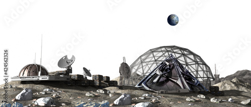 Fotografia, Obraz 3D Illustration of a lunar base with a dome structure, research modules, observation pods and communication satellite dishes, with the work path included in the file