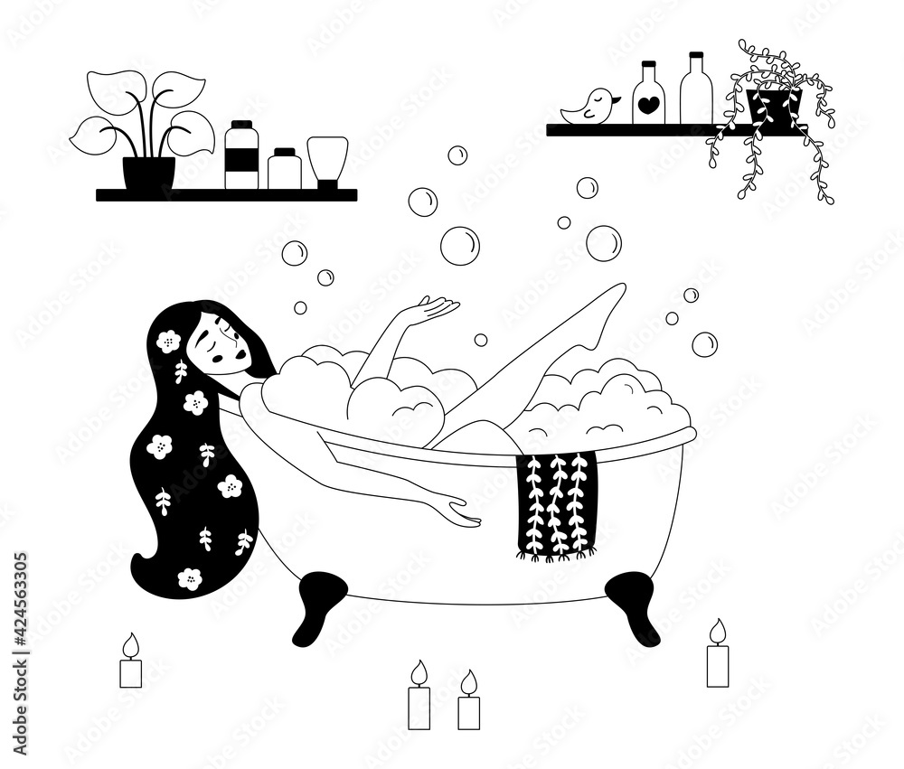 Outline illustration of bathroom. Woman taking a bath with bubble. Black and white illustration ...