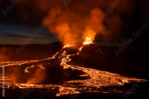 Reykjanes Peninsula, Iceland - March 27th 2021: Volcanic eruption Reykjanes Peninsula Iceland. Fagradalsfjall Volcano. Geldingadalir Eruption photo