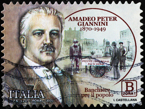 Banker Amadeo Peter Giannini on italian postage stamp photo