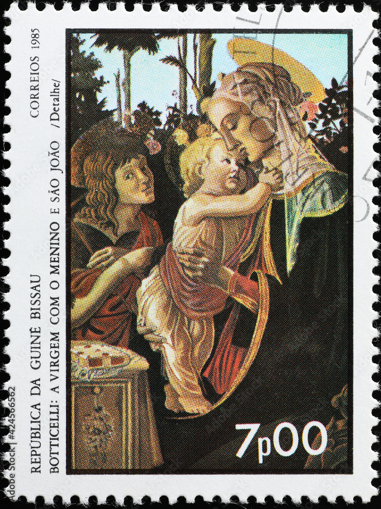 Madonna and child by Botticelli on postage stamp