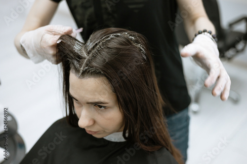 process of coloring the hair and painting over the gray hair of a young woman in a beauty salon