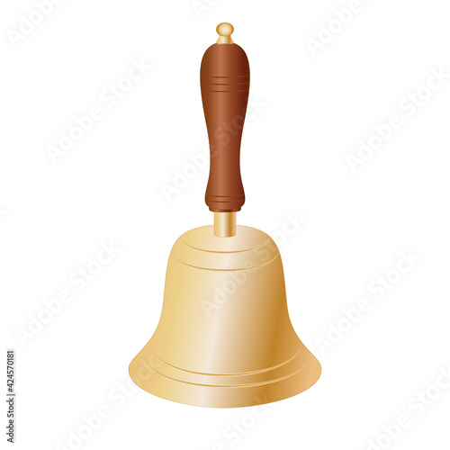 Brass school bell with wooden handle, vector illustration