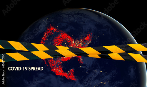 Fototapeta Naklejka Na Ścianę i Meble -  planet earth behind the black and yellow line, quarantine, covid-19 pandemy, elements of this image furnished by nasa