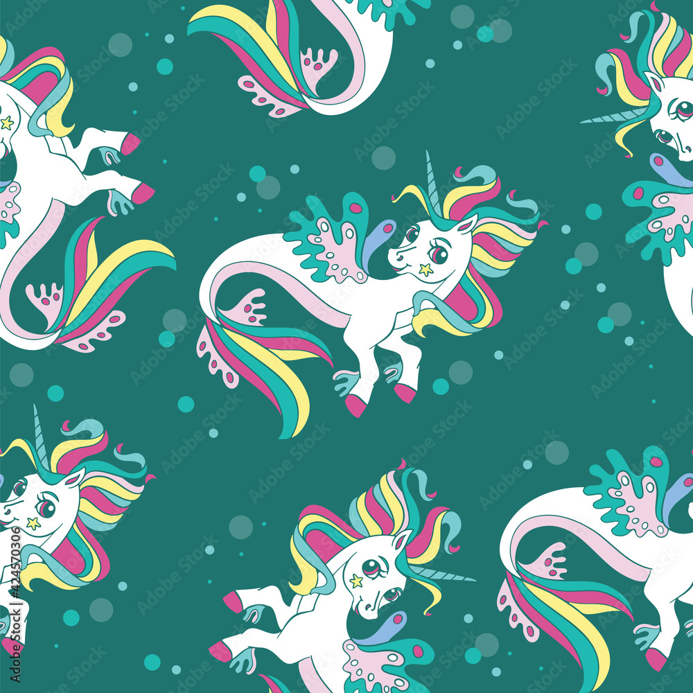 Seamless vector pattern with beauty sea unicorns green