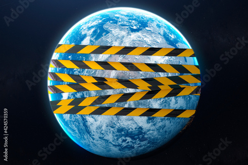 Fototapeta Naklejka Na Ścianę i Meble -  planet earth behind the black and yellow line, quarantine, covid-19 pandemy, elements of this image furnished by nasa