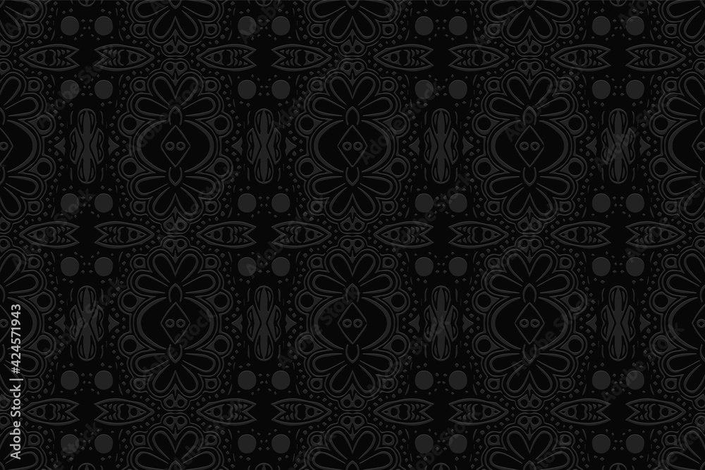 Geometric volumetric convex black background. Ethnic African, Mexican, Native American style. 3D relief unique ornament. Exotic pattern for presentations, textiles, wallpaper.