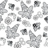 seamless pattern of gnomes with honey and bees, black on a white background, honey jar, gnomes with a daisy, gnome-bee, gnome cartoon characters, illustration for printing on textiles and packaging