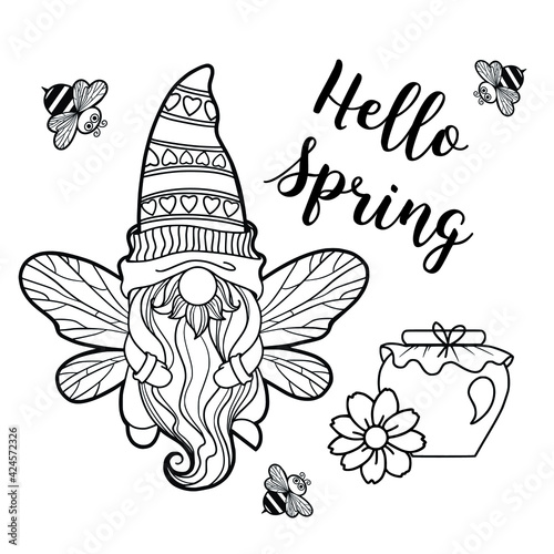Gnome bee with wings, gnome hat, long beard, hello spring hello summer, honey jar, sweet honey, cartoon characters gnomes vector illustration linear art for printing greeting cards and coloring books