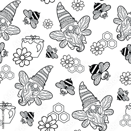seamless pattern of gnomes with honey and bees, black on a white background, honey jar, gnomes with a daisy, gnome-bee, gnome cartoon characters, illustration for printing on textiles and packaging