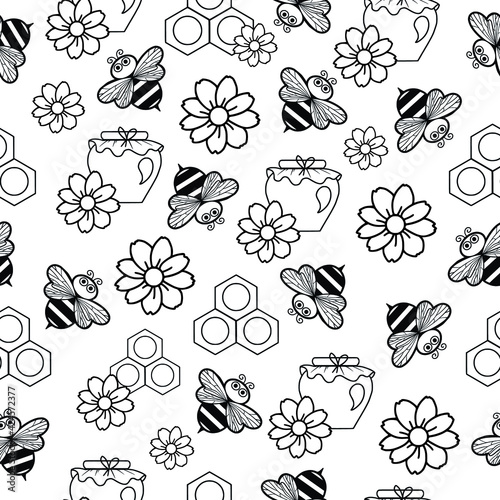 seamless pattern little honey bees with honey and flowers, black on a white background, honey jar, honeycomb, doodle illustration, cartoon characters, for printing on textiles and packaging
