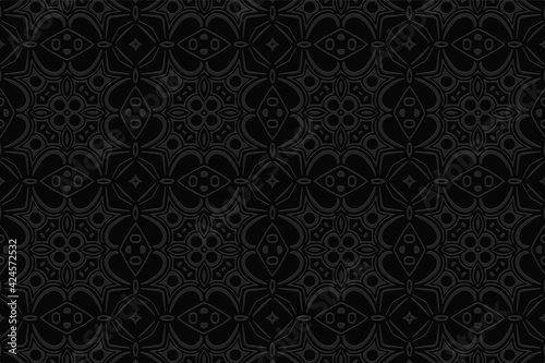 Volumetric convex black background. Ethnic African, Mexican, Native American style. 3D relief ornament. Trendy geometric pattern for presentations, textiles, wallpapers.