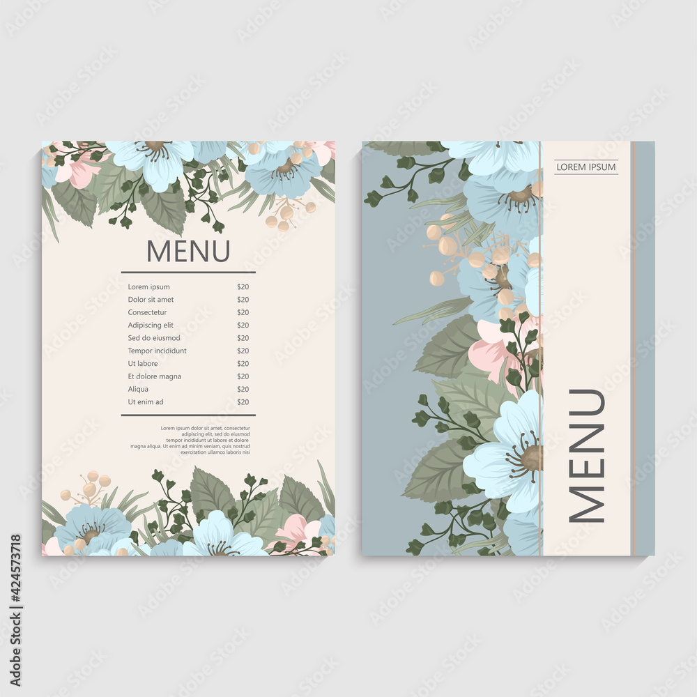 Cafe menu, template design with flowers. Vector illustration.