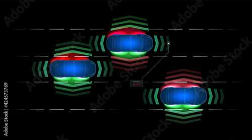Car interface in HUD, GUI, UI style. Automotive sensing system concept. Autonomous car. Driver assistant system. Car top view with electronic digital interface, parameters and options, scans the road