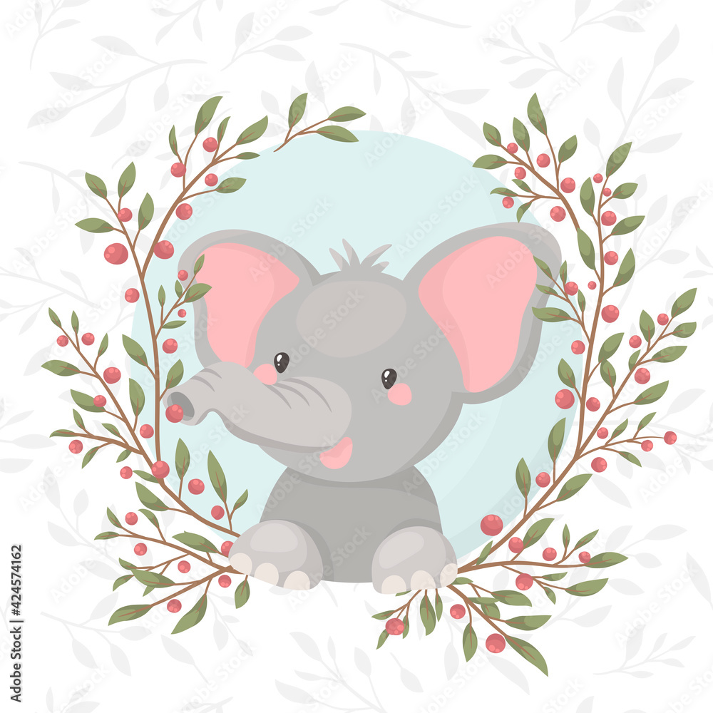 Fototapeta Cute baby safari animal elephant in the beautiful floral, flowers wreath, frame, bouquet.