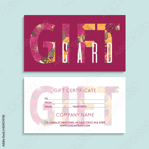 Set of colorful gift cards template. Modern style vector illustration of flowers for saloon, gallery, spa, shop. Gift voucher