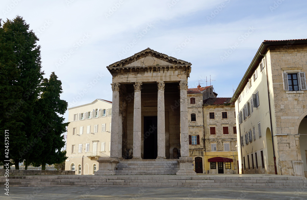 Temple of Augustus from the time of the Roman Empire on the main square in the Croatian town of Pula