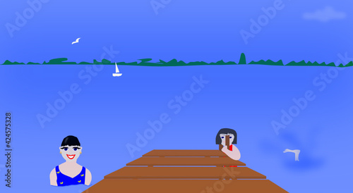 family swimming next to pier in lake