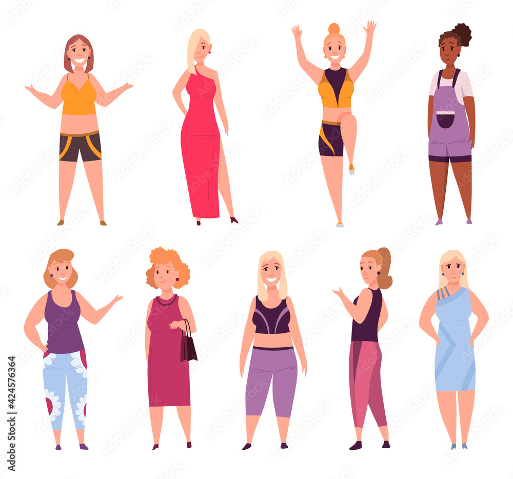 Over size womans set. Adult fat lush people in casual and festive clothes flat cartoon characters. Vector illustration of concept unhealthy lifestyle Over size womans set. Adult fat lush people in casual and festive clothes flat cartoon characters. Vector illustration of concept unhealthy lifestyle