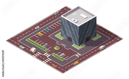 Isometric supermarket or grocery store building and street. Vector isometric icon or infographic element representing mall building with parking lot. 3D shop market for city infrastructure