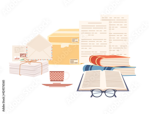 Illustration of office tools in post office vector illustration on white background
