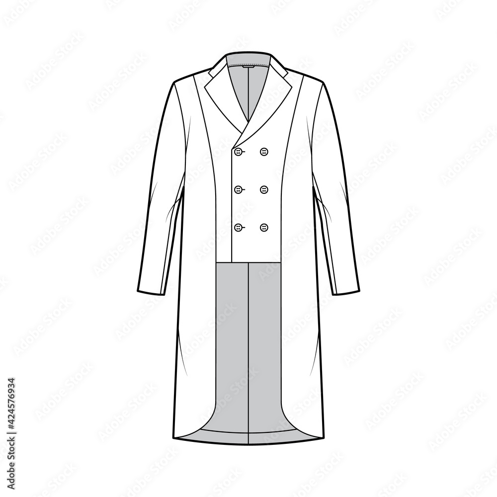Horse riding jacket tuxedo technical fashion illustration with double breasted, long sleeves, peaked collar, low high hem. Flat show equestrian coat template front, white, color style. Women, men CAD Horse riding jacket tuxedo technical fashion illustration with double breasted, long sleeves, peaked collar, low high hem. Flat show equestrian coat template front, white, color style. Women, men CAD
