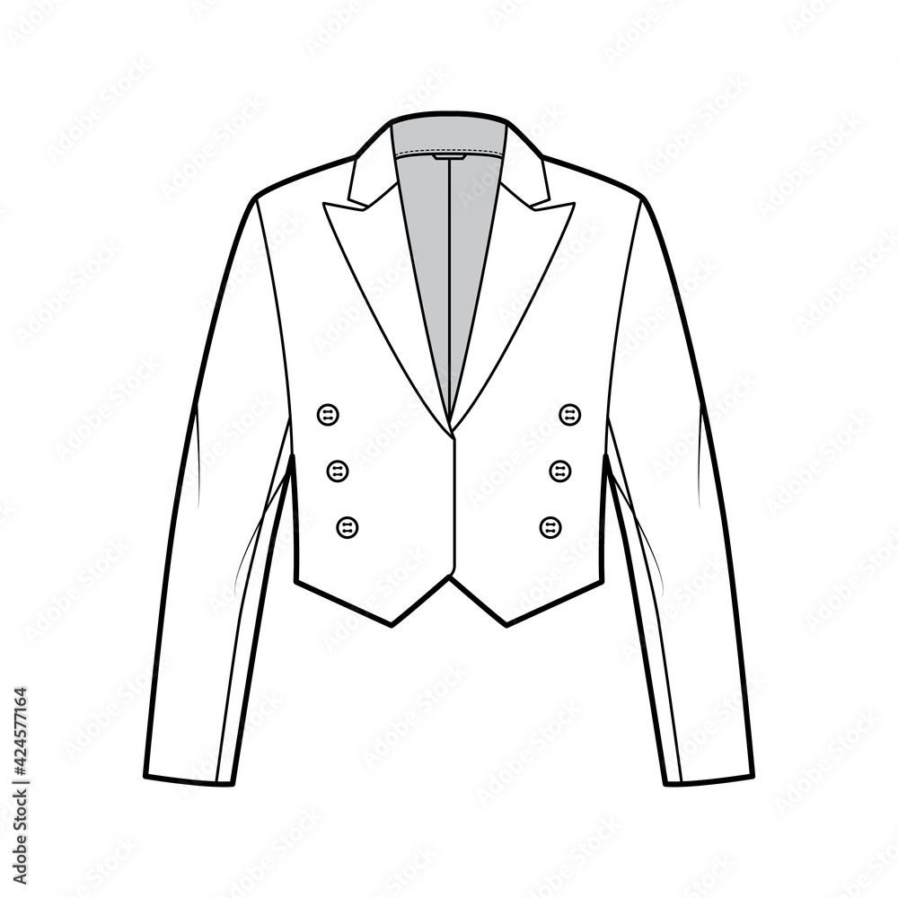 Mess eton jacket spencer technical fashion illustration with non-fastening double breast cut, long sleeves, crop waist length. Flat coat template front, white color style. Women, men top CAD mockup Mess eton jacket spencer technical fashion illustration with non-fastening double breast cut, long sleeves, crop waist length. Flat coat template front, white color style. Women, men top CAD mockup
