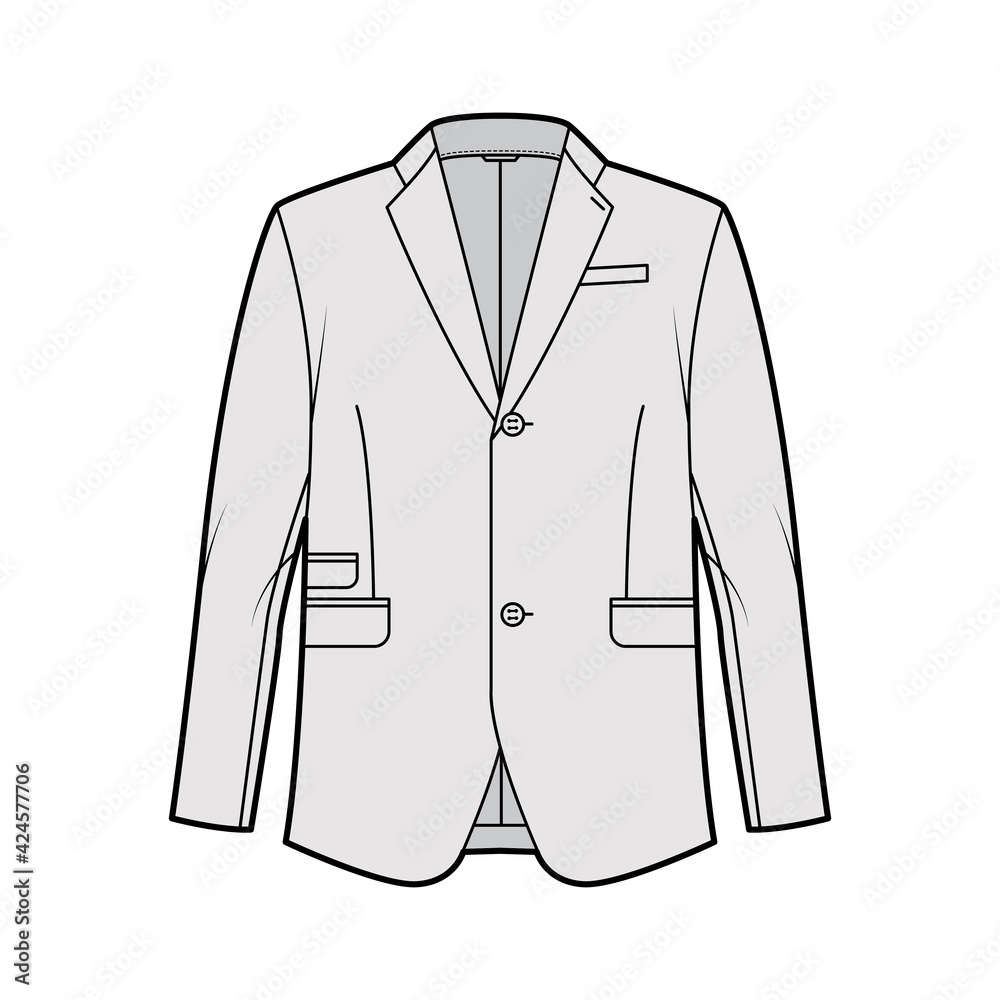 Tailored jacket lounge suit technical fashion illustration with long sleeves, notched lapel collar, flap went pockets. Flat coat template front, grey color style. Women, men, unisex top CAD mockup Tailored jacket lounge suit technical fashion illustration with long sleeves, notched lapel collar, flap went pockets. Flat coat template front, grey color style. Women, men, unisex top CAD mockup
