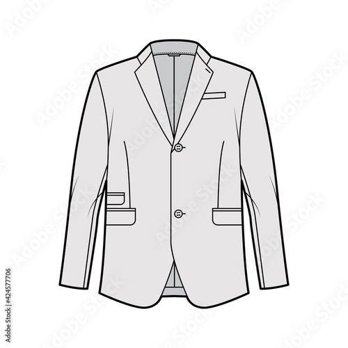 Tailored jacket lounge suit technical fashion illustration with long sleeves, notched lapel collar, flap went pockets. Flat coat template front, grey color style. Women, men, unisex top CAD mockup