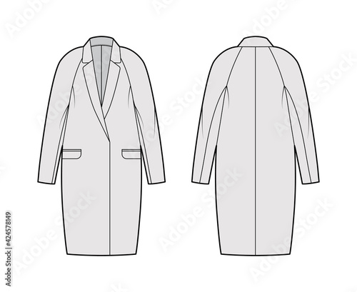 Cocoon jacket technical fashion illustration with notched lapel collar, oversized, long raglan sleeves, flap pockets. Flat coat template front, back, grey color style. Women, men unisex top CAD mockup
