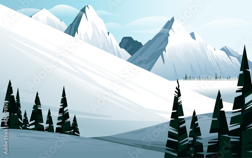 Horizontal winter mountain landscape with fir forest and show mountains covered snow vector illustration